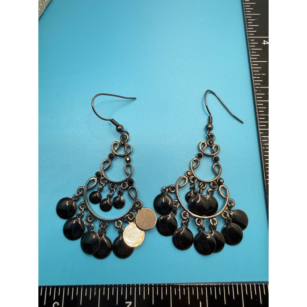 Gunmetal Black Chandelier Earrings Boho Filigree Disc Dangle Statement Drops